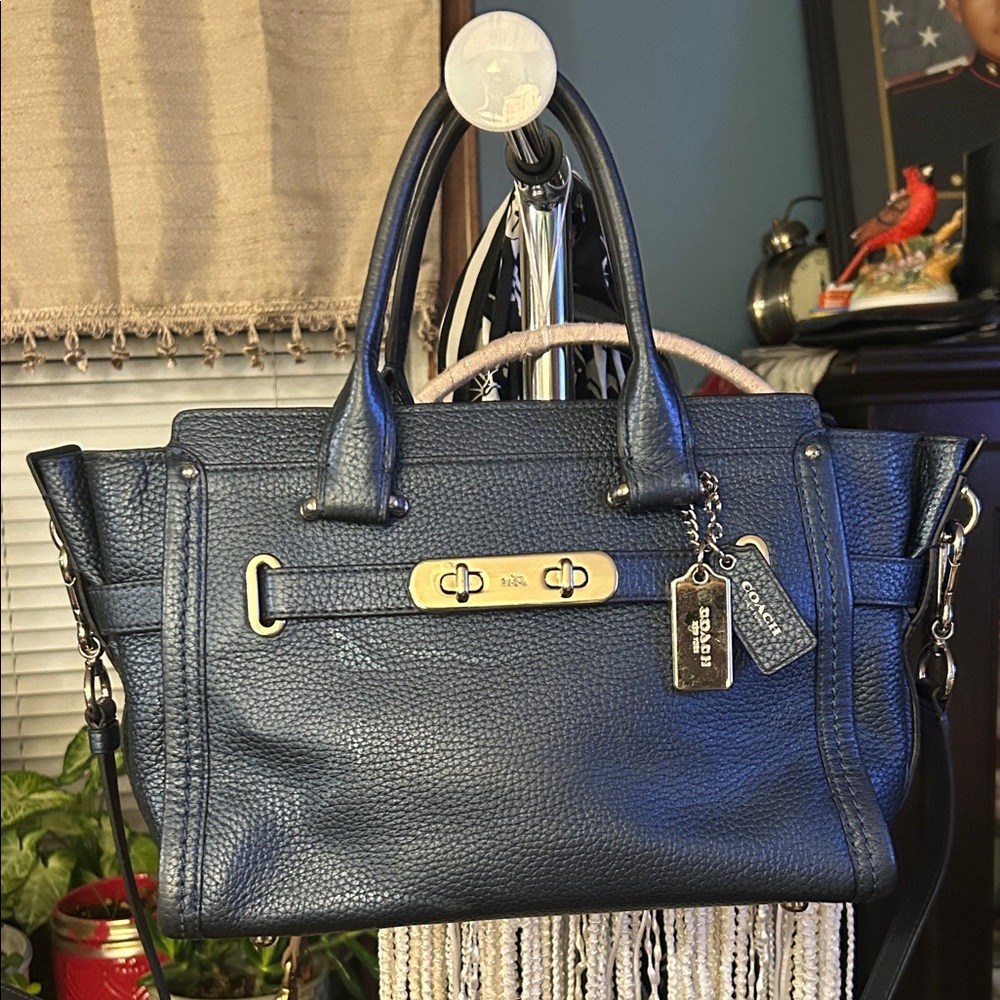 Coach Swagger 27 Metallic Blue Pebble Leather  Handbag/ Crossbody